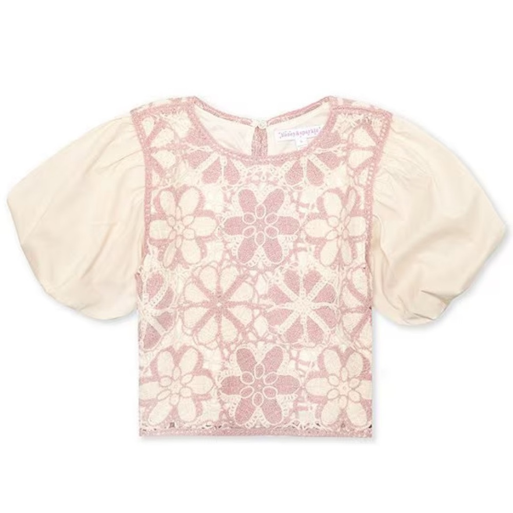 Honey & Sparkle girls puffed sleeve crocheted top Dillards knit mauve pink M NWT